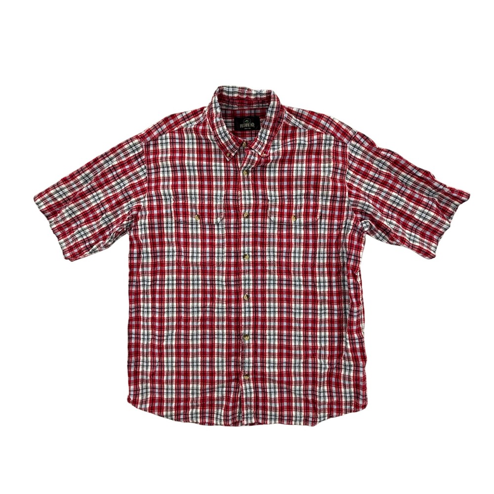RedHead Short Sleeve Button Up Red Plaid Cotton Seersucker Shirt Men Large